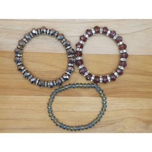 3 Stackable Vintage Crystal Faceted Beaded Bracelets,Rhinestone Spacers Red,Blue